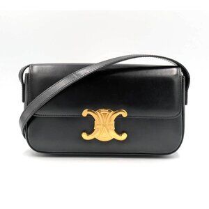 Pre-owned Celine Triomphe Shiny Calfskin Claude Shoulder Bag Black